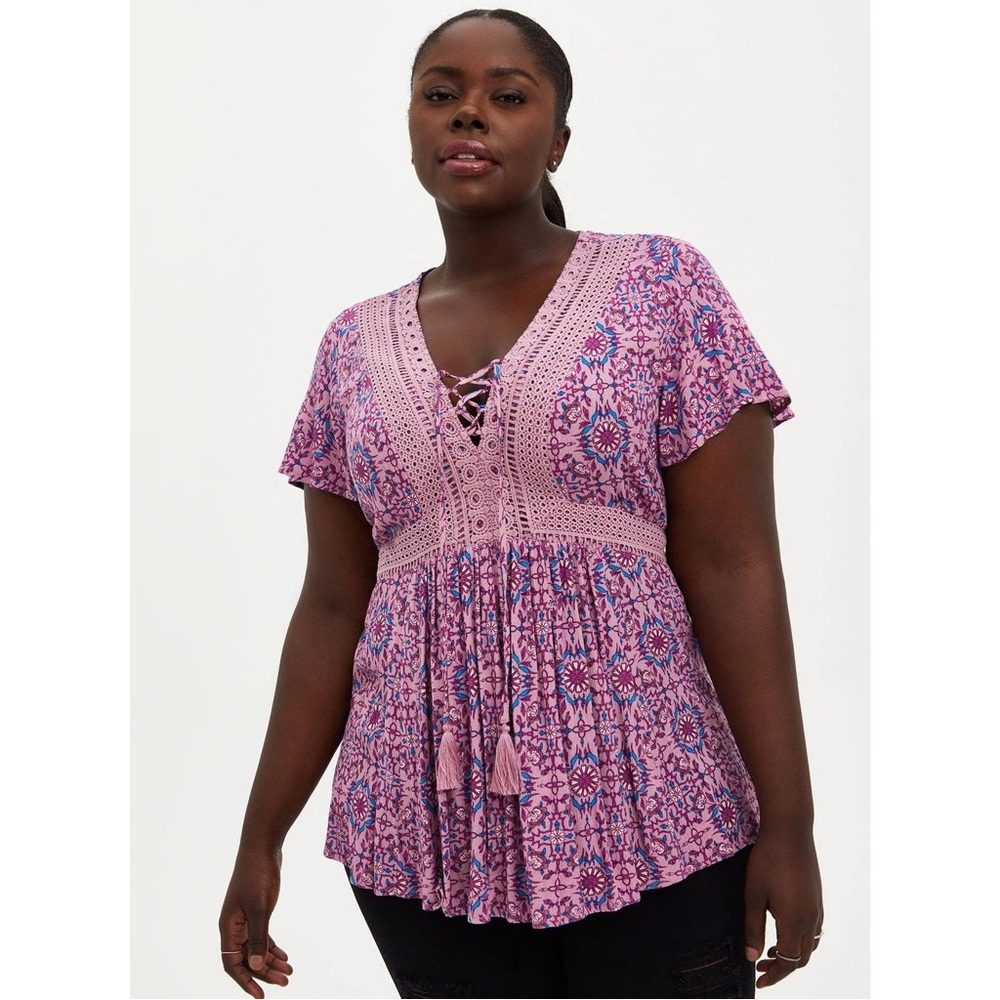 Torrid Purple Floral Lace-Up Blouse Size 3X